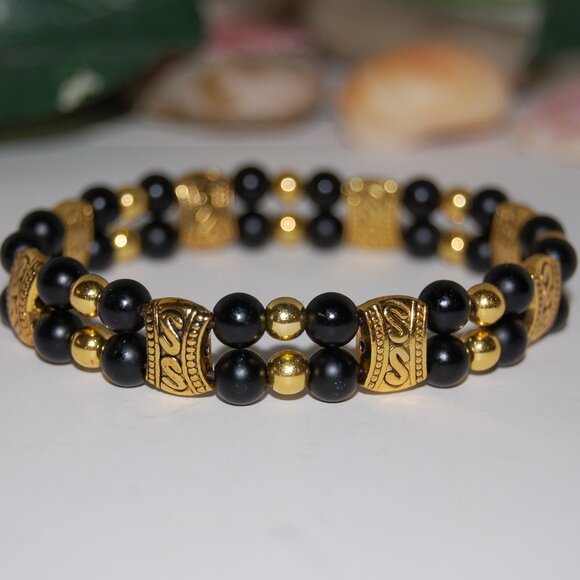 Onyx Stone Bracelet,Double Beaded Bracelet,Black and Gold Bracelet - Picture 2 of 3